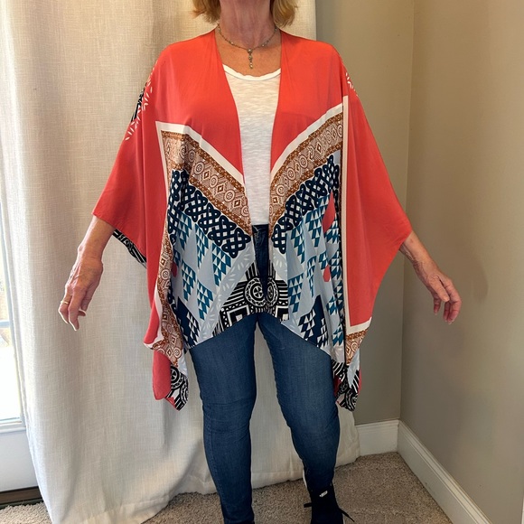 Matison Stone Silk Kimono, Open Front in Orange Teal Black Grey Rust - Picture 8 of 12